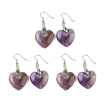 Natutal Amethyst Dangle Earrings, with Rack Plating Brass Earring Hooks, Lead Free & Cadmium Free, Heart, 47x23mm