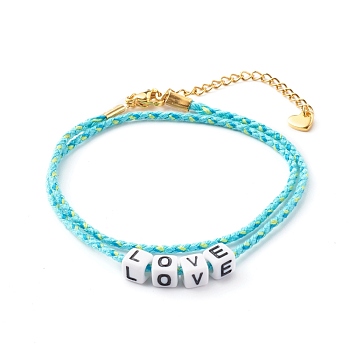 Two Loops Cotton Cord Warp Bracelets, with Cube Acrylic Beads, Word Love, Cyan, 15-3/8 inch(39cm)