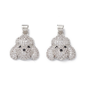 Brass Micro Pave Cubic Zirconia Pendants, Real Platinum Plated, Dog Charms, Clear, 18.5x17x6mm, Hole: 5x3.5mm