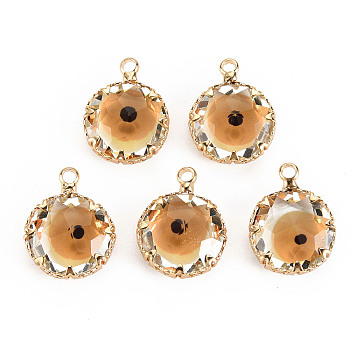 Transparent Glass Pendants, with Brass Prong Settings, Faceted, Flat Round with Evil Eye, Light Gold, Goldenrod, 17x13x6mm, Hole: 1.8mm