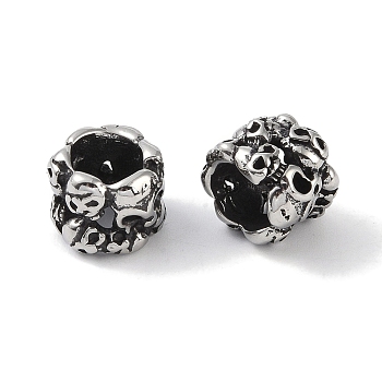 316 Surgical Stainless Steel European Beads, Large Hole Beads, Column with Skull, Antique Silver, 11x9mm, Hole: 6.5mm