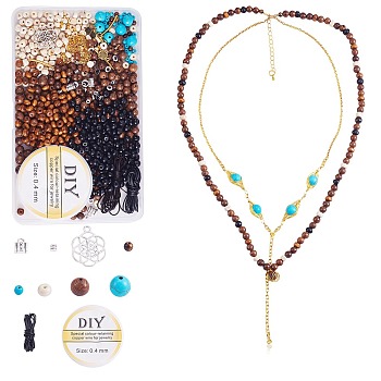 DIY Jewelry Bohemia Necklace Making Kits, Including Natural Tiger Eye & Synthetic Turquoise Round Beads, Wood & Brass Beads, Brass & Alloy Charms, Metallic Wire Twist Ties, Mixed Color