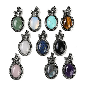 Natural & Synthetic Mixed Gemstone Pendants, Butterfly Oval Charms, with Antique Silver Tone Alloy Findings, Cadmium Free & Lead Free, Mixed Dyed and Undyed, 42.5x26x8.5mm, Hole: 4x6mm