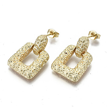 Brass Dangle Stud Earrings, with Ear Nuts, Hammered, Nickel Free, Trapezoid, Real 18K Gold Plated, 22mm, Pin: 0.8mm