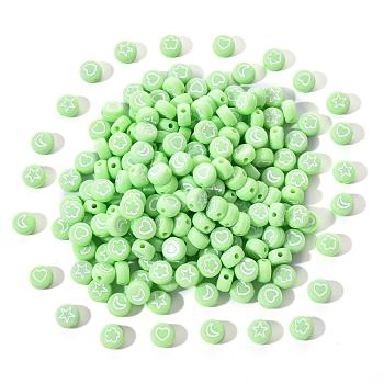 Opaque Acrylic Beads, Flat Round with White Heart & Flower & Moon & Star, Lawn Green, 7x4mm, Hole: 1.6mm, 200pcs/set