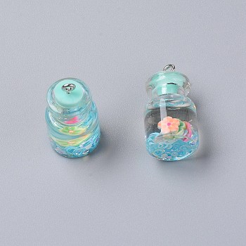 Wish Glass Bottle Pendants, with Resin & Polymer Clay & Flower & Stopper and Platinum Iron Peg Bails, Light Sky Blue, 29x15mm, Hole: 2mm