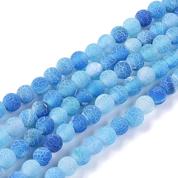 Natural Weathered Agate Beads Strands, Dyed & Heated, Frosted, Round, Deep Sky Blue, 6mm, Hole: 1.2mm, about 62pcs/strand, 13.77 inch(35cm)