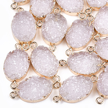 Electroplate Druzy Resin Links Connectors, with Iron Findings, Oval, Light Gold, Lavender Blush, 26~27x13x5~6mm, Hole: 1mm