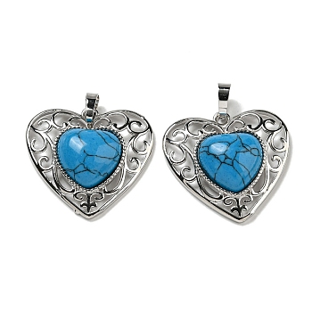 Synthetic BlueTurquoise Peach Love Heart Pendants, Rack Plating Brass Hollow Heart Charms, Cadmium Free & Lead Free, 29.5x30.5x7.5mm, Hole: 7.5x5mm