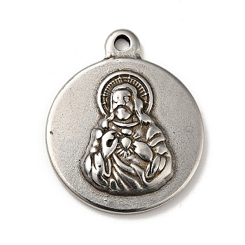 Tibetan Style 304 Stainless Steel Pendants, Flat Round with Priest Pattern Charms, Religion Theme, Antique Silver, 24x20x3mm, Hole: 1.6mm