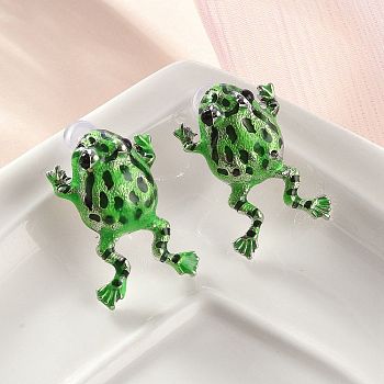 Alloy Stud Earrings, with Enamel, Frog, Platinum, Green, 31.5x20.5mm