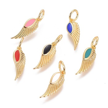 Brass Pendants, with Enamel, Wing, Golden, Mixed Color, 22x6x1.5mm, Hole: 4mm