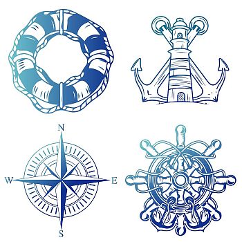 8Pcs 4 Styles Self Adhesive PVC Sticker, for Wall, Window or Stairway Decoration, Flat Round, Anchor & Helm Pattern, Sticker: 16x16cm, 2pcs/style