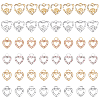 48Pcs 6 Style Rhinestone Pandants, with Rack Plating Alloy Findings, Nickel Free, Heart Charms, Platinum & Golden, 13~14x11~14x1.5~2.5mm, Hole: 1.5~3.5mm, 8Pcs/style