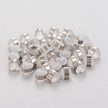 Eco-Friendly Plastic Ear Nuts, Earring Backs, with 304 Stainless Steel Findings, Heart, White, Stainless Steel Color, 5.5x6x5~5.5mm, Hole: 1.2~1.4mm