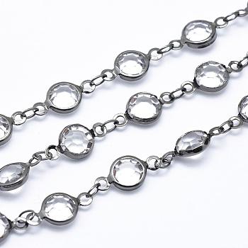 Faceted Glass Handmade Beaded Chains, Unwelded, Lead Free & Cadmium Free, with Spool, with Brass Findings, Long-Lasting Plated, Flat Round, Gunmetal, 13x7x3mm, about 32.8 Feet(10m)/roll