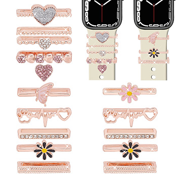 Elite 15Pcs 15 Style Heart & Flower & Word & Butterfly Crystal Rhinestone Watch Band Charms Set, Alloy Watch Band Decorative Ring Loops, Rose Gold, 2~2.45x0.3~1.1x0.6~0.7cm, 1Pc/style