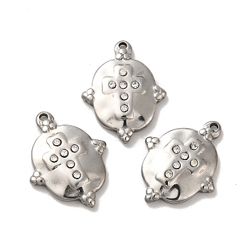 304 Stainless Steel Pendants, with Crystal Rhinestone, Oval with Cross Charms, Stainless Steel Color, 21x16x3mm, Hole: 1.4mm