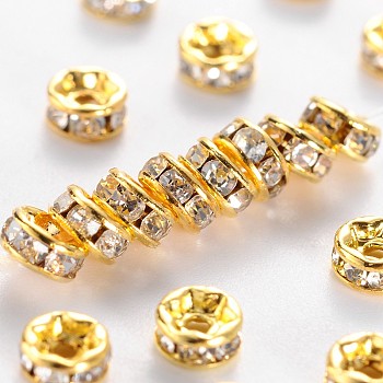 Brass Grade A Rhinestone Spacer Beads, Golden Plated, Rondelle, Nickel Free, Crystal, 7x3.2mm, Hole: 1.2mm
