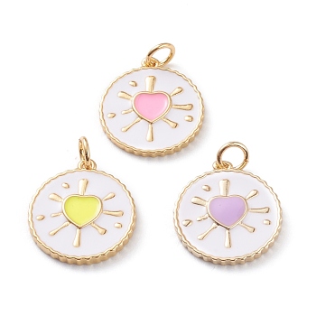 Real 18K Gold Plated Brass Enamel Pendants, Long-Lasting Plated, With Jump Rings, Flat Round with Heart, Mixed Color, 18x16x1.5mm, Hole: 3mm, Jump Ring: 5x1mm