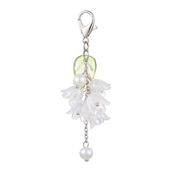 Acrylic Pendant Decorations, with Glass Imitation Pearl Beads and Alloy Lobster Claw Clasps, Flower with Leaf, Clear, 70mm