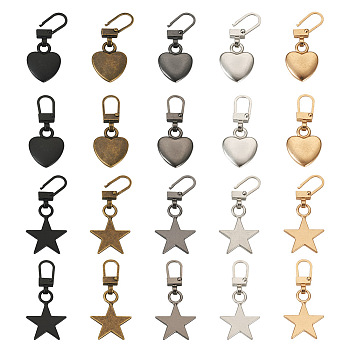 Pandahall 20Pcs 10 Style Zinc Alloy Zipper Puller, Garment Accessories, Heart & Star, Mixed Color, 39.5~45mm, 2pcs/style