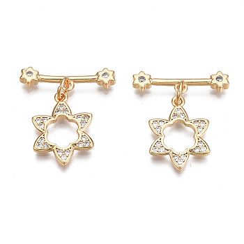 Brass Micro Pave Clear Cubic Zirconia Toggle Clasps, Nickel Free, Flower, Real 18K Gold Plated, Flower: 16.5x12.5x1.5mm, Bar: 20x5.5x2.5mm, Jump Ring: 5x1mm, 3mm inner diameter
