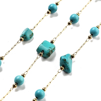 Handmade Nuggets Synthetic Turquoise Beaded Chains, with Ion Plating(IP) 304 Stainless Steel Paperclip Chains, Unwelded, Real 18K Gold Plated, 2.2x1x0.5mm