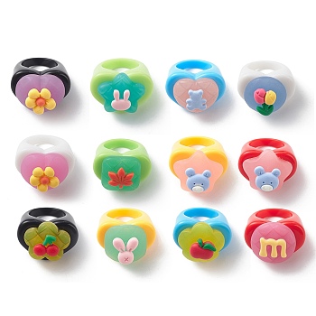 Cute 3D Resin Finger Ring, Acrylic Wide Ring for Women Girls, Mixed Color, Cartoon Pattern, US Size 7 1/4(17.5mm)
