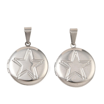 316 Stainless Steel Locket Pendants, Flat Round with Star Charm, with 304 Stainless Steel Snap on Bails, Stainless Steel Color, 30.5x27.5x5.5mm, Hole: 10.5x4.5mm, Inner Diameter: 20.5mm