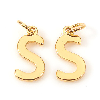 Brass Charms, with Jump Rings, Letter, Real 18K Gold Plated, Letter.S, S: 10x5x1mm, Hole: 2.5mm