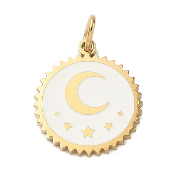 304 Stainless Steel Pendants, with Floral White Enamel, Flat Round with Moon Charms, Golden, 17x15x1.5mm, Hole: 4x2mm