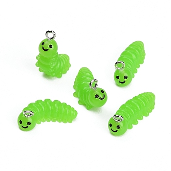 Opaque Resin Pendants, with Platinum Iron Findings, Inchworm Charms, Green, 10.5~21.5x9~21x16~25mm, Hole: 2mm