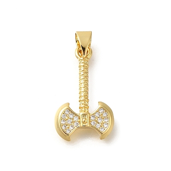 Rack Plating Brass Micro Pave Cubic Zirconia Pendants, Long-Lasting Plated, Lead Free & Cadmium Free, Tool Charms, Real 18K Gold Plated, Double-Sided Axe, 20.5x12.5x2.5mm, Hole: 4x3.5mm.