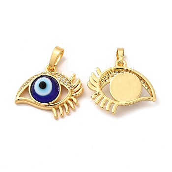 Rack Plating Brass Micro Pave Clear Cubic Zirconia Pendants, with Handmade Evil Eye Lampwork, Cadmium Free & Lead Free, Long-Lasting Real 18K Gold Plated, Eye Charm, Dark Blue, 17x19.5x5mm, Hole: 6x3mm