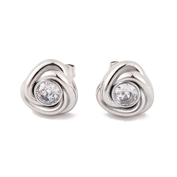 Flower 304 Stainless Steel Rhinestone Stud Earrings for Women, Stainless Steel Color, 9.6x10mm