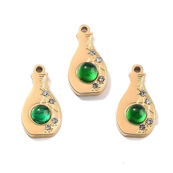 Ion Plating(IP) 304 Stainless Steel Pendants, with Rhinestone and Glass, Bottle, Golden, 15.5x8x3.5mm, Hole: 1.2mm