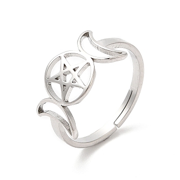 304 Stainless Steel Triple Moon Goddess Adjustable Ring, Stainless Steel Color, Inner Diameter: 17mm