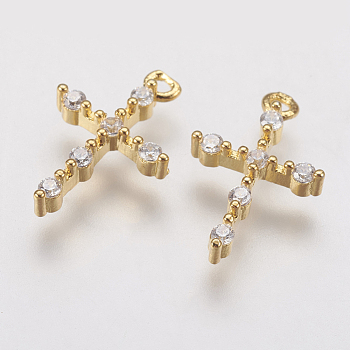 Brass Micro Pave Cubic Zirconia Charms, Cross, Golden, 13.5x9x2.5mm, Hole: 1mm
