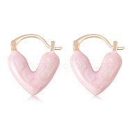 Enamel Heart Hoop Earrings, Golden Brass Jewelry for Women, Pink, 19x16x3.8mm, Pin: 0.6x1mm(JE1108B)