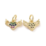 Brass Micro Pave Cubic Zirconia Pendants, with Jump Ring, Real 18K Gold Plated, Heart with Wing Charms, Colorful, 8x11x2mm, Jump Ring: 5x0.8mm, Inner Diameter: 3.2mm(KK-E068-VF137)