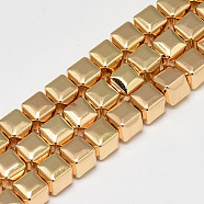 Electroplate Non-magnetic Synthetic Hematite Beads Strands, Cube, Light Gold Plated, 6x6x6mm, Hole: 2mm, about 70pcs/strand, 16.1 inch(G-Q465-41KC)
