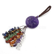 Natural Amethyst Carved Flat Round with Tree of Life Pendant Decoratons, Braided Thread and Chakra Gemstone Chip Tassel for Bag Key Chain Hanging Ornaments, 140mm(PW-WG34201-01)