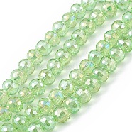 Transparent Electroplate Glass Beads Strands, Faceted(96 Facets), Round, AB Color Plated, Light Green, 7.5~8x7mm, Hole: 1.2mm, about 70~72pcs/strand, 20.08~20.47 inch(51~52cm)(EGLA-F151-AB07)