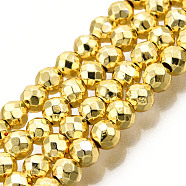 Electroplate Non-magnetic Synthetic Hematite Bead Strands, Round, Faceted, Golden Plated, 4mm, Hole: 1mm, about 98~102pcs/strand, 15.7 inch(G-Q465-16G)