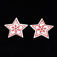 Christmas Theme Spray Painted Wood Pendants, Single-Sided Printed, Star with Snowflake, White, 47x49x2.5mm, Hole: 2mm(WOOD-N005-51A)