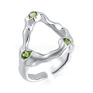 Rhodium Plated 925 Sterling Silver Triangle Open Cuff Ring, Light Green Cubic Zirconia Hollow Ring for Women, Platinum, US Size 5 1/4(15.9mm)(JR886A)