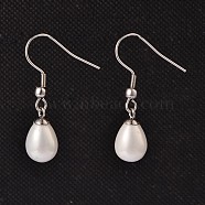 Teardrop Shell Pearl Dangle Earrings, with 304 Stainless Steel Earring Hooks, White, 33mm, Pin: 0.8mm(EJEW-JE01794)