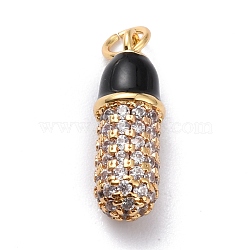 Brass Enamel Cubic Zirconia Pendants, Long-Lasting Plated, Real 18K Gold Plated, Capsule, Black, 15.3x5.3mm, Hole: 3mm(ZIRC-O044-04B-G)