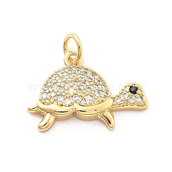 Rack Plating Brass with Cubic Zirconia Pendants, Long-Lasting Plated, Lead Free & Cadmium Free, Tortoise Charms, with Jump Ring, Real 18K Gold Plated, 13.5x20x3.5mm, Hole: 3mm(KK-Q017-01F-G)